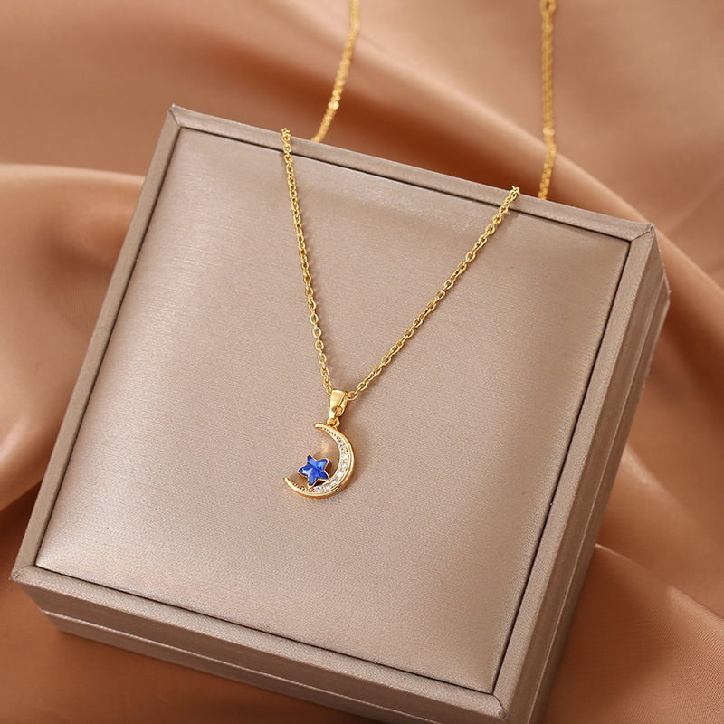 Blue Star Moon necklace, a new Korean style, niche and trendy collarbone chain, simple and versatile, with a high-end look details Picture