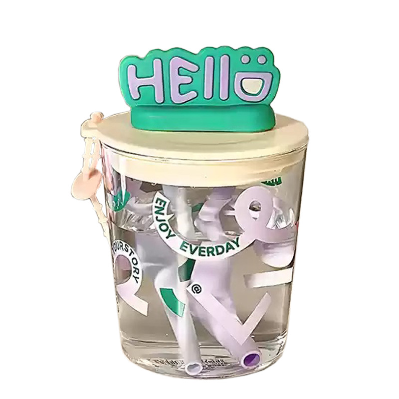 New ins glass water cup for girls, compact and mini, high appearance level in summer, heat-resistant, office double straw cup Item Picture