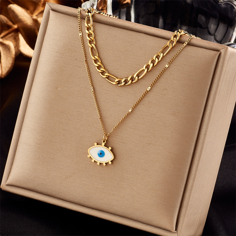 European and American cross-border fashion personality punk retro hip-hop double-layer thick and thin chain blue and white eye pendant titanium steel necklace full figure
