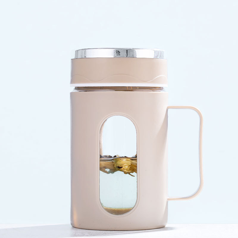 Handle business cup, office flower tea cup, double-layer plastic glass cup, gift advertising cup, heat-insulating glass cup, office water cup Specification drawing