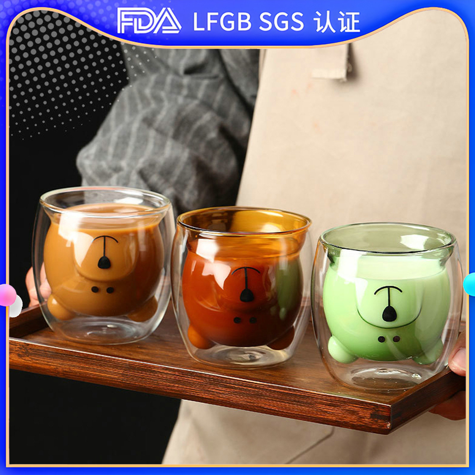 Customized outdoor cups for restaurants, souvenir coffee cups, high borosilicate glass cartoon bear glass cups, household water cups details Picture