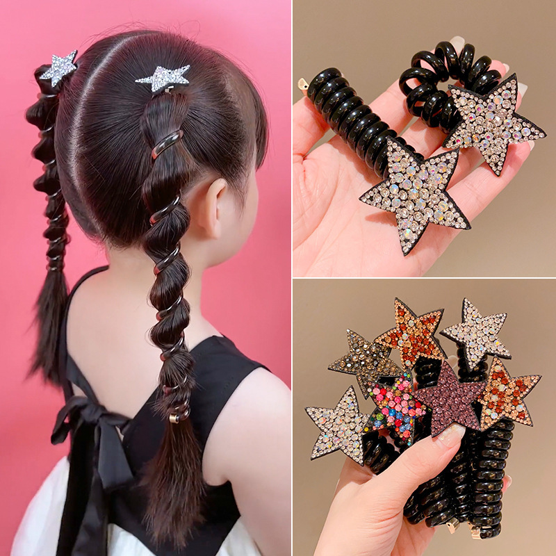 New children's color diamond five-pointed star telephone line hair tie, girls' hair tie, high elasticity hair band, water diamond star hair accessory full figure