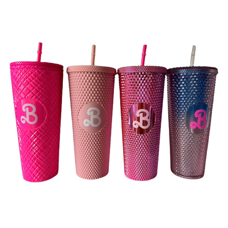 Factory wholesale double-layer plastic straw cups, large-capacity creative sharp cups, diamond durian cups, and popular drinking cups full figure