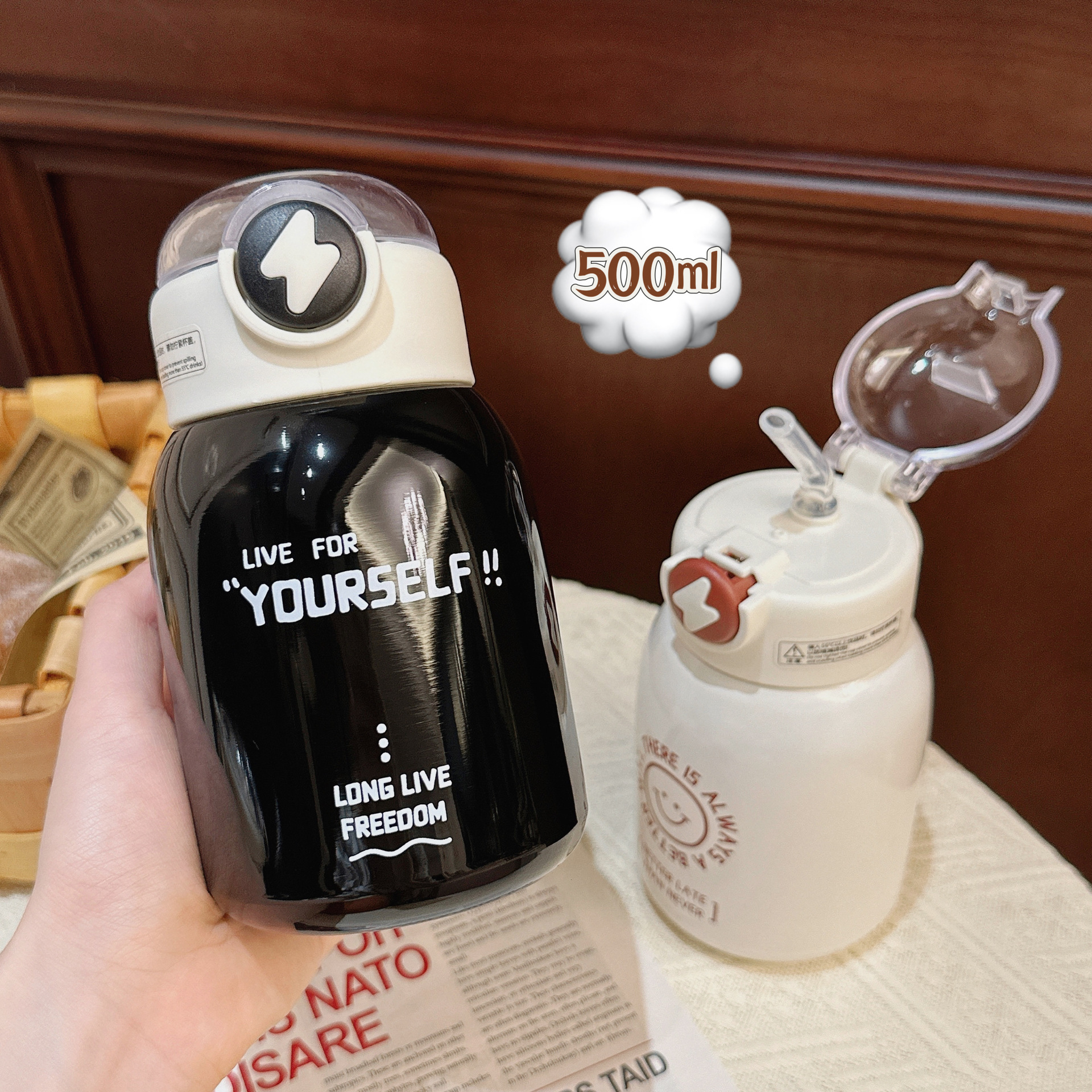 New high-appearation-level insulated cup, student English American-style straw cup, creative gift, couple portable stainless steel cup Specification drawing
