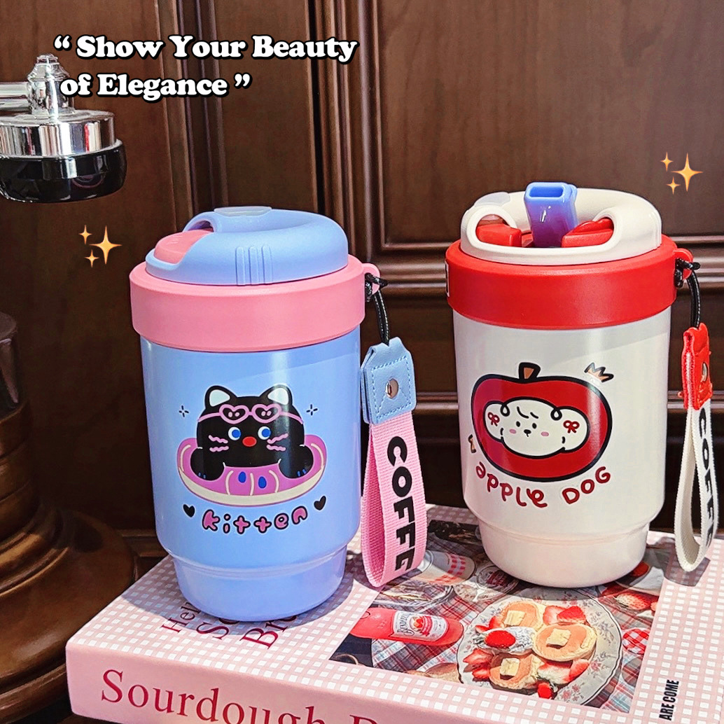 Twist-off lid double-drink creative coffee cup, high appearance level, new insulated cup, portable, cute and simple stainless steel water cup full figure