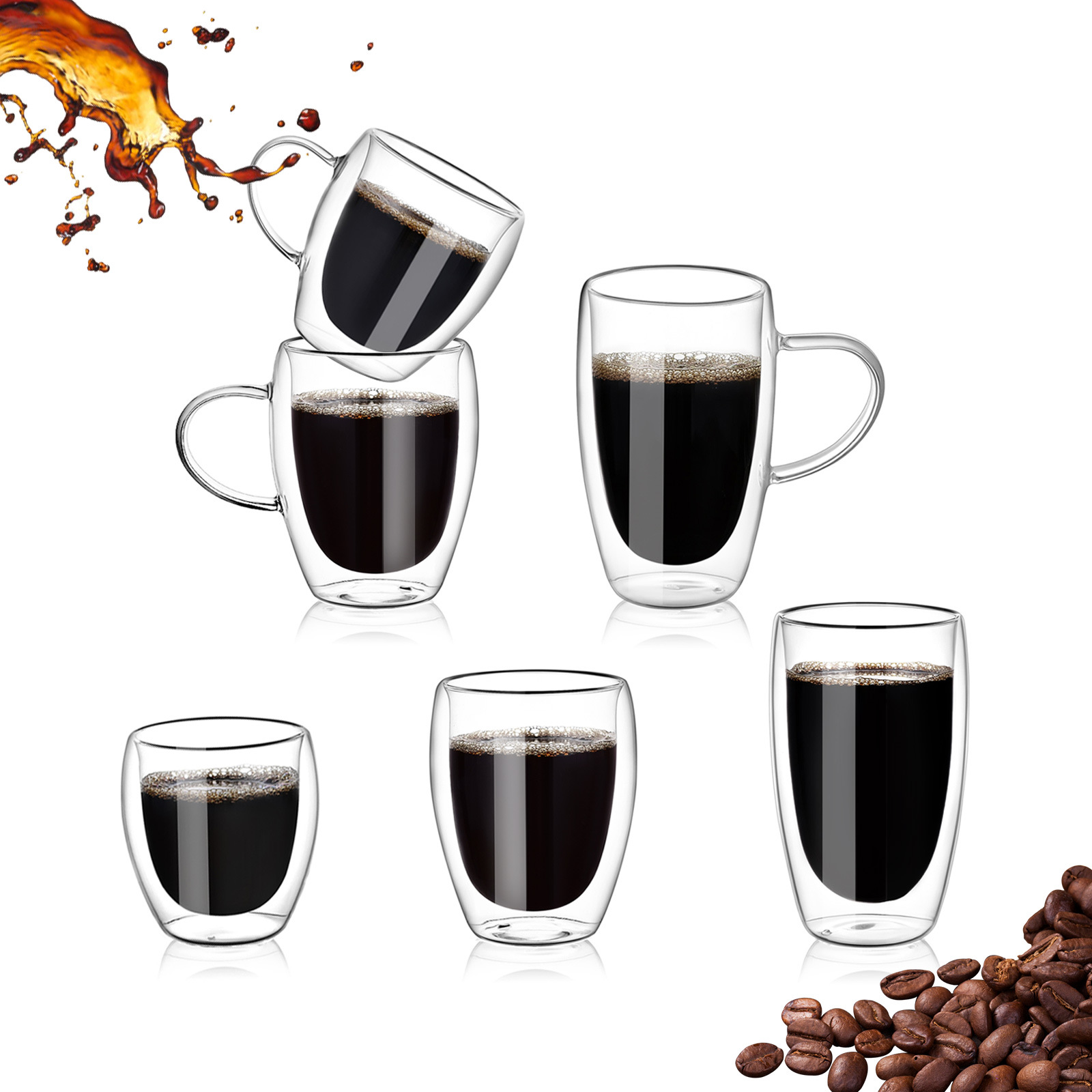 Double-layer glass coffee cup, heat-insulating American simple transparent glass cup with handle, office heat-resistant tea cup full figure