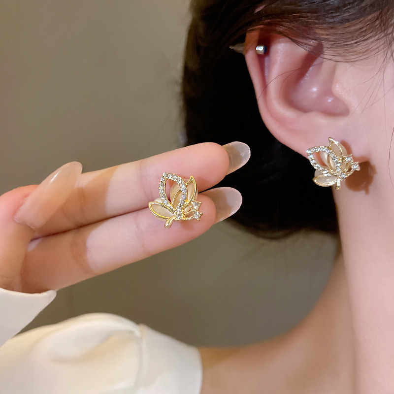 S925 Silver Needle, super ethereal charm, cat's eye butterfly earrings, women's light luxury and high-end feel, full diamond zircon stud earrings details Picture