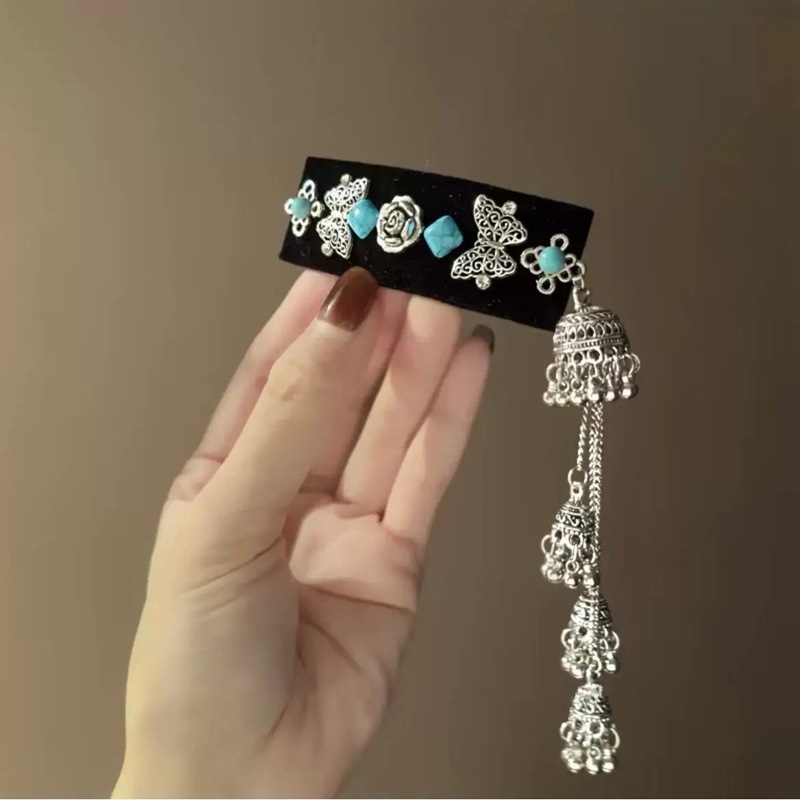 Butterfly turquoise bell tassel hair accessory, women's ethnic style long hair clip, hair accessory bangs clip, Mongolian grassland Specification drawing