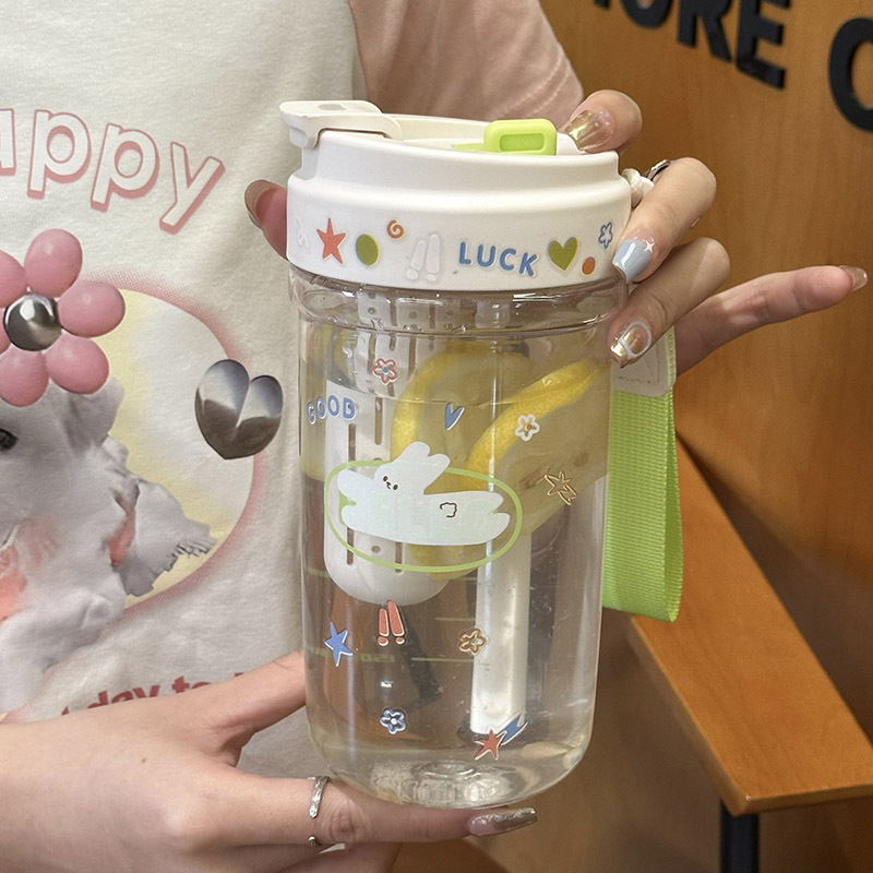 New water cup with large capacity, cute Instagram stickers, portable straw cup for girls, summer cartoon double-drinking plastic cup details Picture