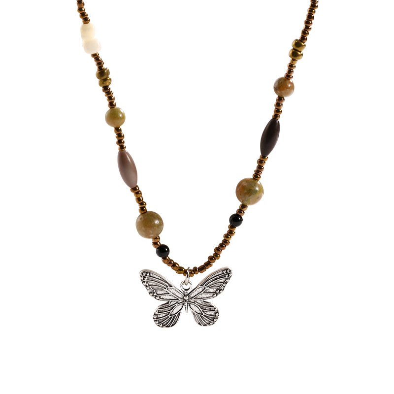 The new Chinese-style beaded butterfly necklace with wood and butterfly is a fashionable, retro and versatile necklace accessory for women. It features a niche design and a collarbone chain Item Picture