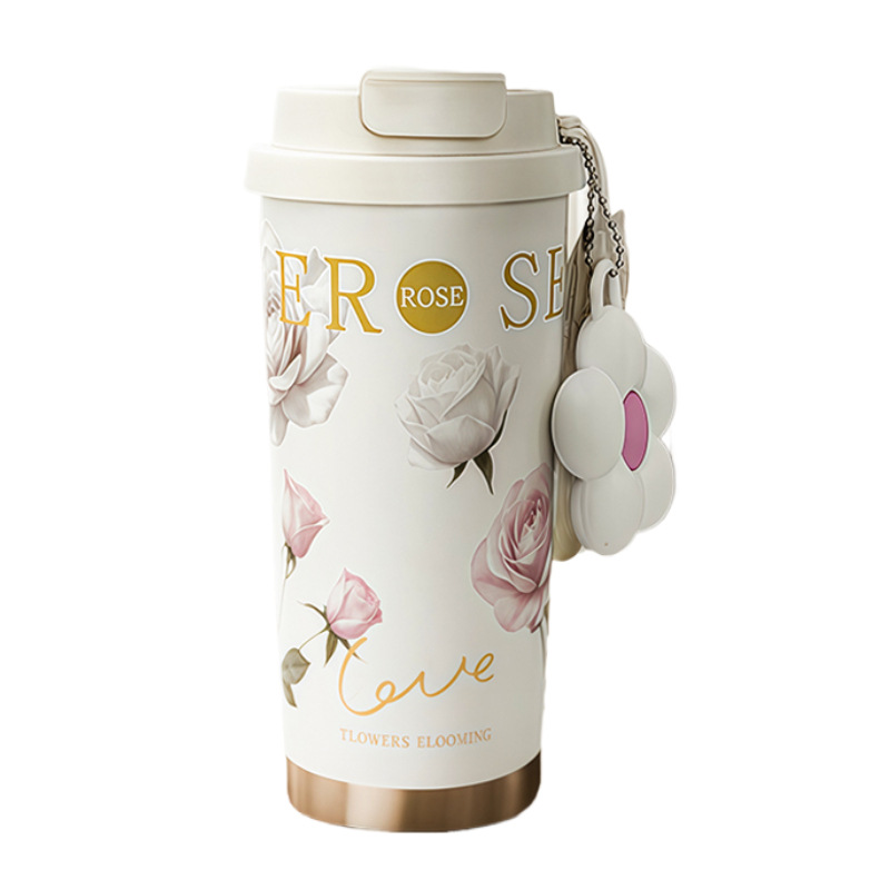 Light luxury flower coffee cup, high appearance level ceramic inner liner insulated cup, portable double drinking cup, straw cup, cold preservation cup Item Picture