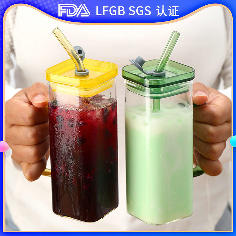 High borosilicate glass water cup, high-temperature resistant household straw, juice and milk cup, square glass cup with handle full figure