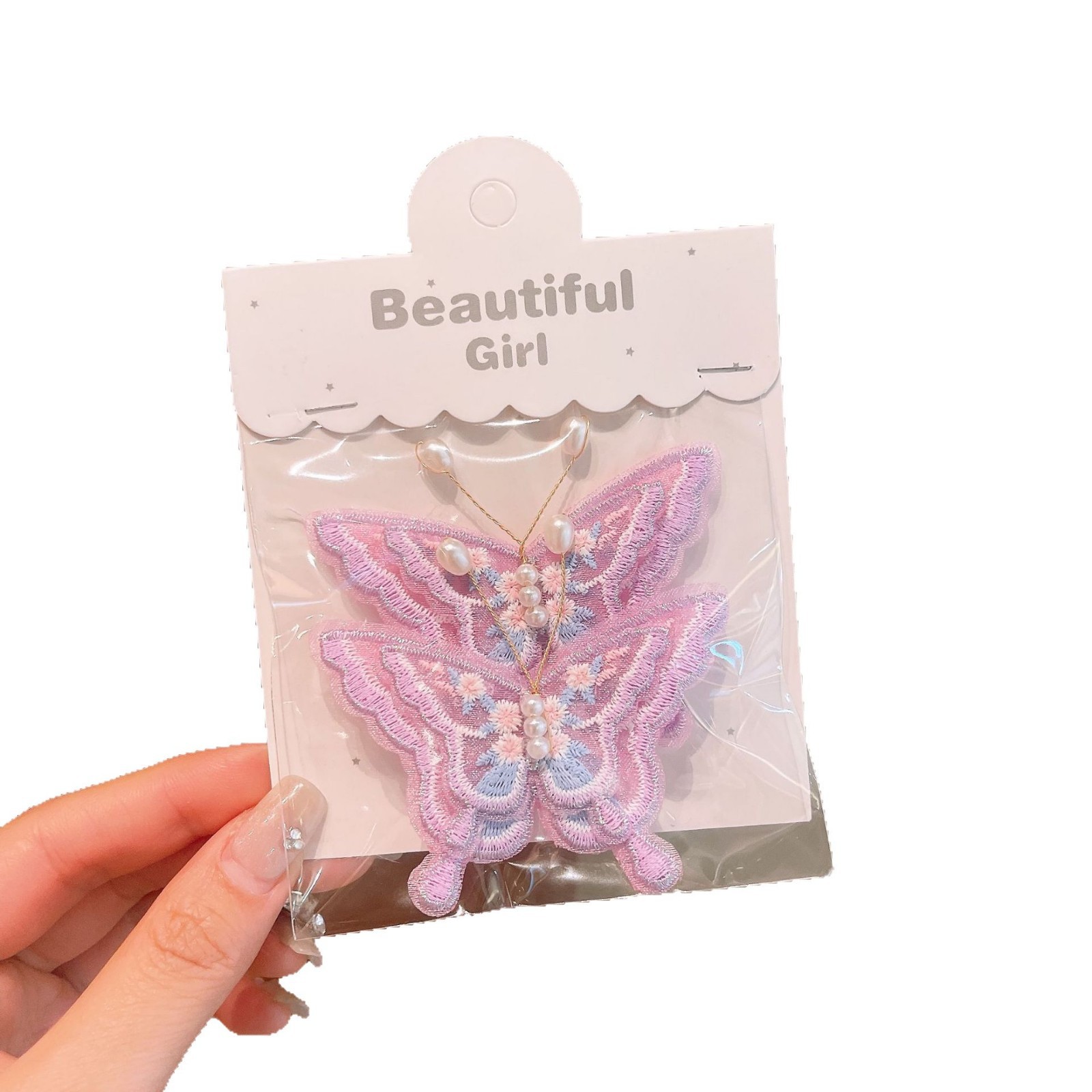 Cute cartoon mesh, pearl embroidery, butterfly posts, lace sequins, Velcro accessories, hair clips, self-adhesive fabric stickers Item Picture