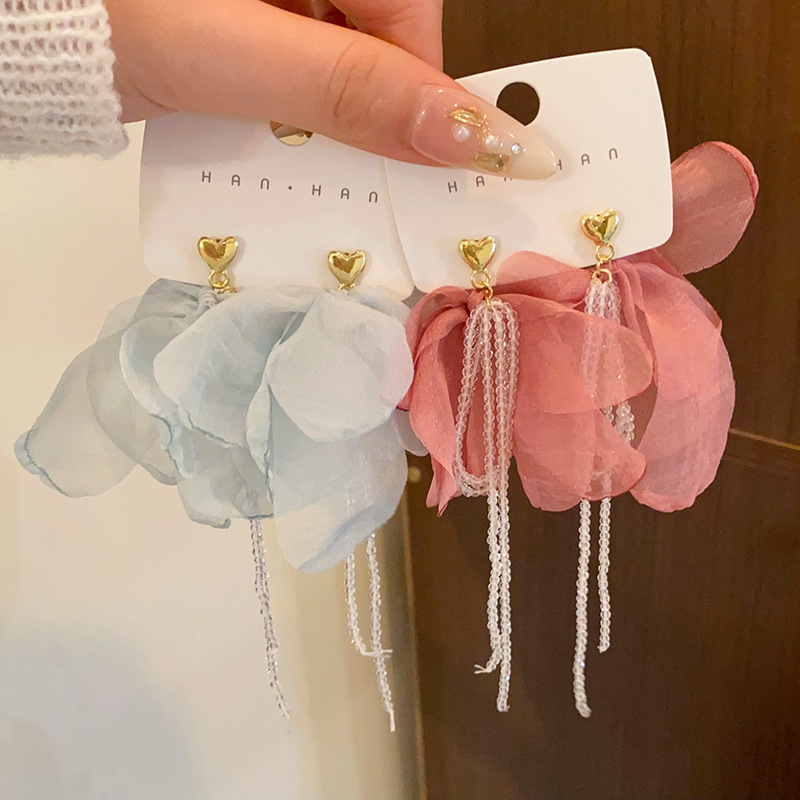 Seaside vacation style flower tassel earrings, feminine atmosphere, ethereal beaded earrings, 2025 new high-end earrings Specification drawing