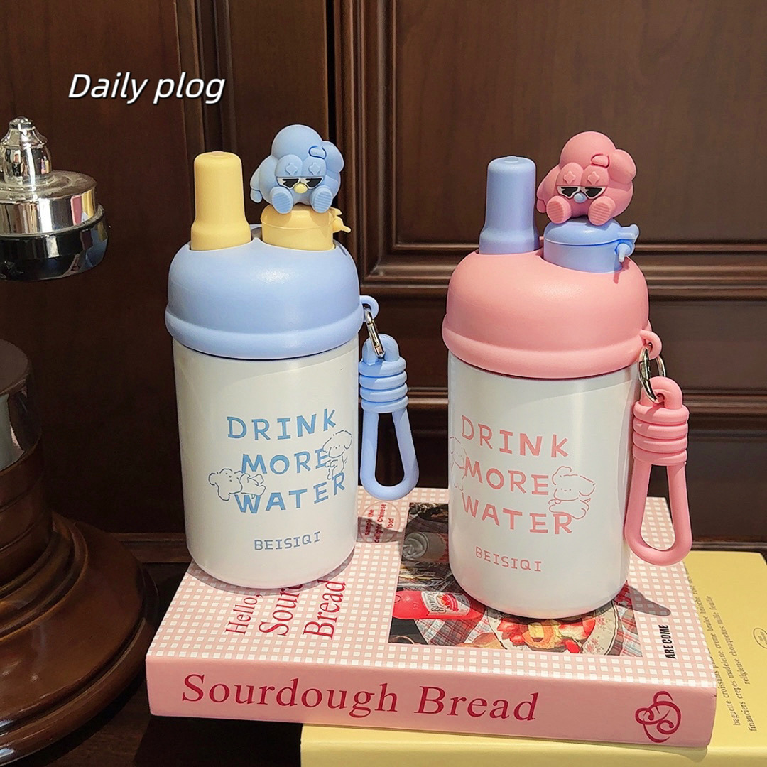 Cartoon student flower tea insulated cup, Korean version, high appearance level portable straw cup, girls' vacuum stainless steel water cup wholesale full figure