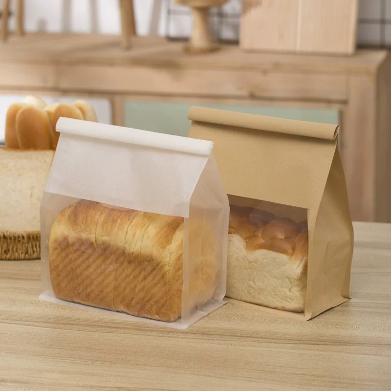 Toast bread packaging: cotton paper, cowhide, windowed transparent bread slices, 250-450g bag, rolled edge, wire sealed bag Specification drawing