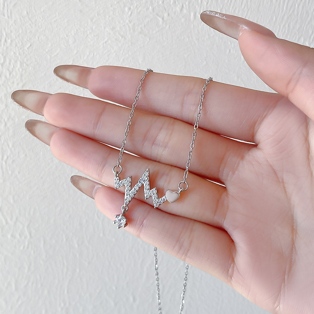 Silver full diamond zircon electrocardiogram heart-shaped necklace, women's niche, elegant and light luxury collarbone chain, trendy online accessory wholesale details Picture