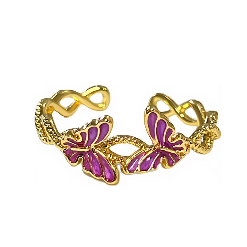 A golden double butterfly opening ring with a purple drip glaze for women, featuring a light luxury and niche design, is exquisite and sweet. It is a trendy ring accessory Item Picture