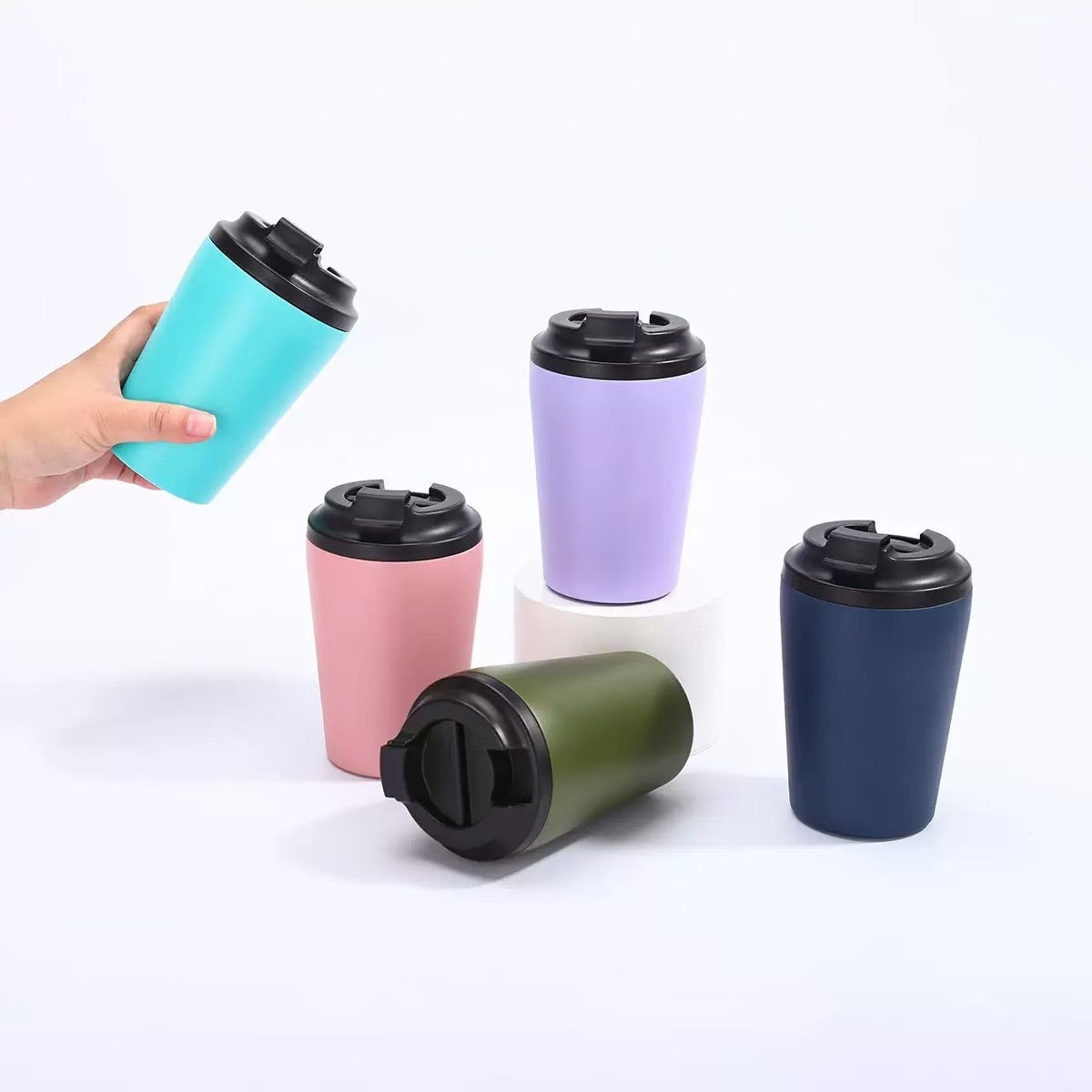 Cross-border 12oz mini coffee cup, office and home milk cup with scale, compact and portable double-layer vacuum insulated cup full figure