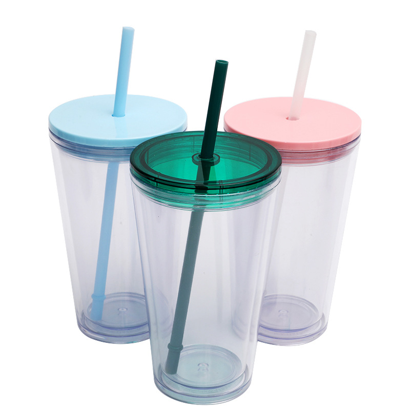 Factory direct supply, processing and customization of 16oz double-layer plastic straw cups, frameless, creative, portable and logo-ready cups details Picture