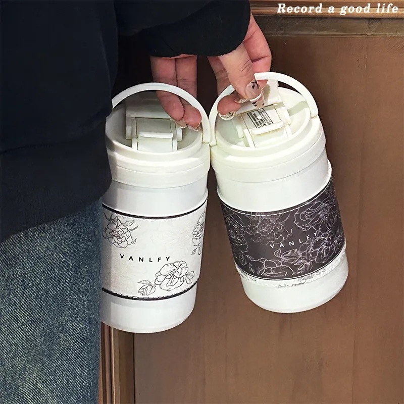 ins high appearance level portable high-temperature resistant double drinking cup, new niche simple cartoon straw cup, elegant insulated cup details Picture