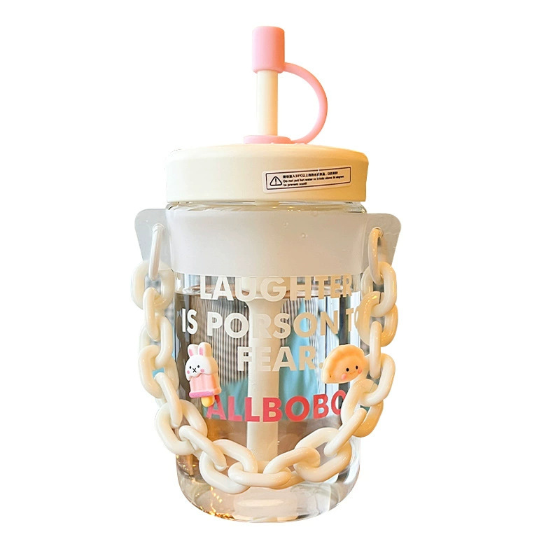Summer girls' glass cup with dopamine, high appearance level, straw water cup, simple with chain, portable and heat-resistant coffee cup Item Picture