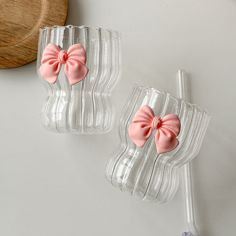 Pink bow heat-resistant coffee cup, high borosilicate glass cup, vertical pattern chubby cup, tea brewing cup, girlish heart details Picture