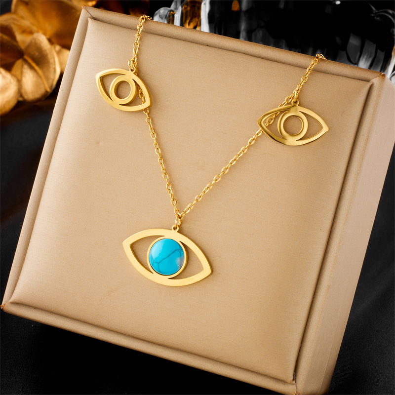 European and American fashion, individuality, niche retro style, hollowed-out blue turquoise eye pendant chain titanium steel metal necklace full figure