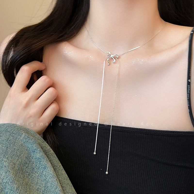 Long bow tassel pull-out necklace for women, 2024 new design sense collarbone chain, elegant neck chain, Internet celebrity accessory Specification drawing