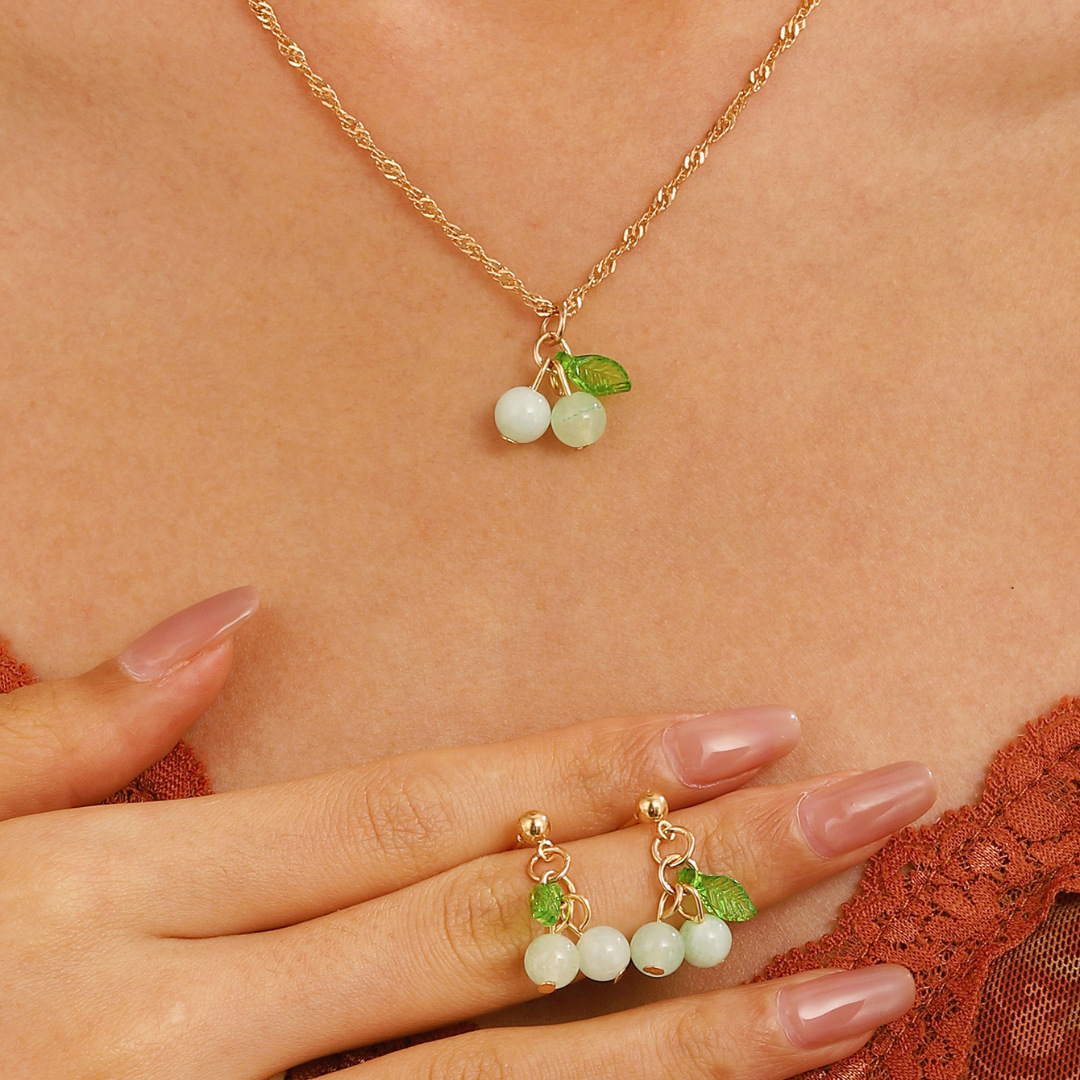 Red cherry collarbone chain earrings jewelry set, women's green leaf pink and green cherry pendant necklace earrings accessories full figure