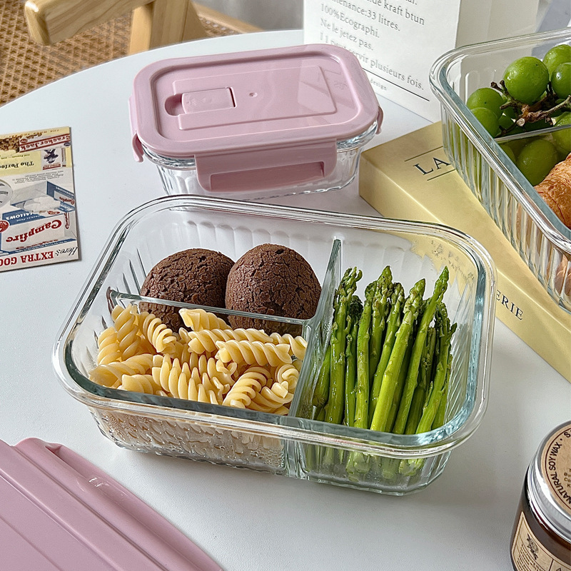 Wholesale of Bolimei vertical pattern high borosilicate glass lunch boxes, microwave oven divider rice bento boxes, fresh-keeping bowls with meals Application Scenario