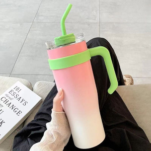 High-appearance-level gradient green insulated cup, 304 stainless steel portable large-capacity straw cup, insulated coffee cup details Picture