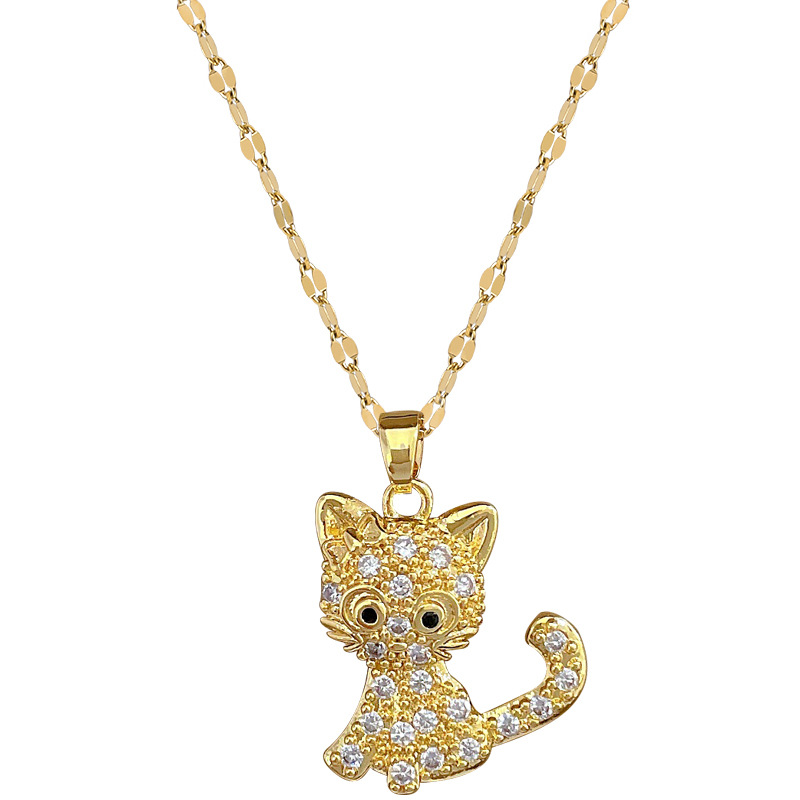 【 Titanium Steel 】 Cute little cat, light luxury, luxurious, full diamond necklace, versatile for women, collarbone chain, titanium steel chain Item Picture
