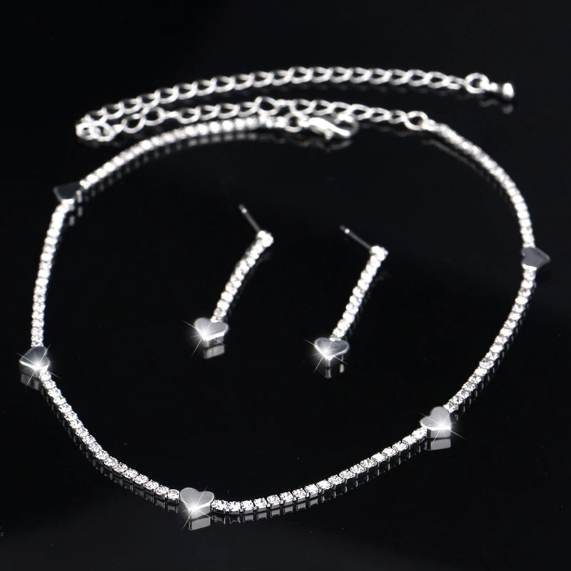 jewelry set: Fashionable alloy, simple heart-shaped rhinestone necklace, earrings, bride's set Specification drawing