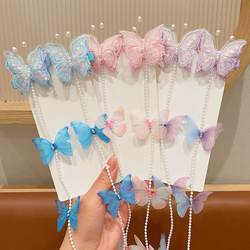 Pearl tassel hair clips, girls' colorful ponytail braided hair chains, children's butterfly wing hair accessories, baby hair clips, headwear Specification drawing