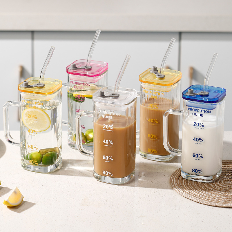 Square glass cup, high appearance level water cup, women's household cup with handle straw, transparent beer, beverage, milk tea new style cup Application Scenario