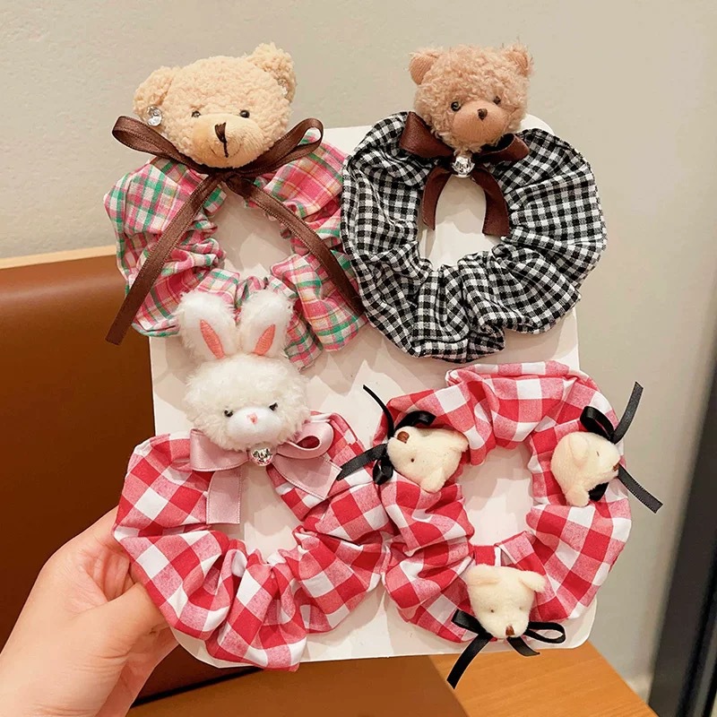 Children's hair tie, cute rabbit bear checkered large intestine hair band, sweet and stylish girl with bun hairstyle 2024 new style Application Scenario