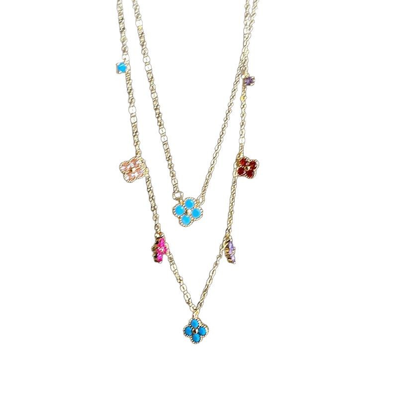 French retro colorful dopamine four-leaf clover necklace, a unique and light luxury style for women, layered collarbone chain Item Picture