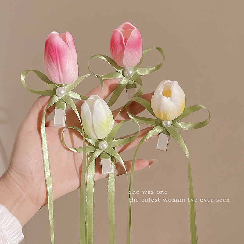 Super fairy tulip flower hair clip, women's side bangs clip, bow ribbon double ponytail hair clip, new hair accessory details Picture