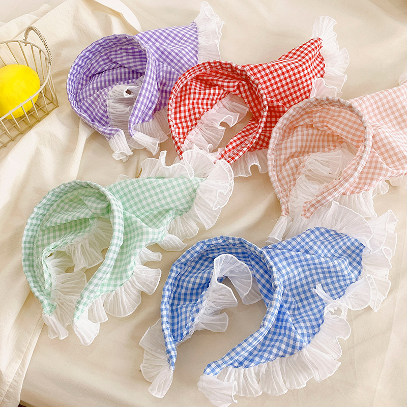 French blue checkered lace triangular headband for women, country-style hair band, high-end feel, seaside atmosphere full figure