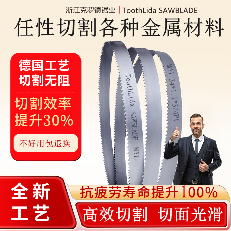 M51 band saw blade is highly wear-resistant and hard for cutting metal. It is available for wholesale of 4115 coarse and fine gear sawing machine saw blades for woodworking full figure