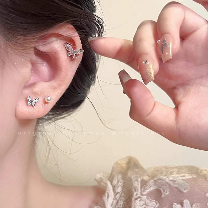 925 Silver Needle Butterfly Zircon Pearl Set Earrings Stud Women's Light Luxury Niche High-end Earbone Stud Earrings details Picture