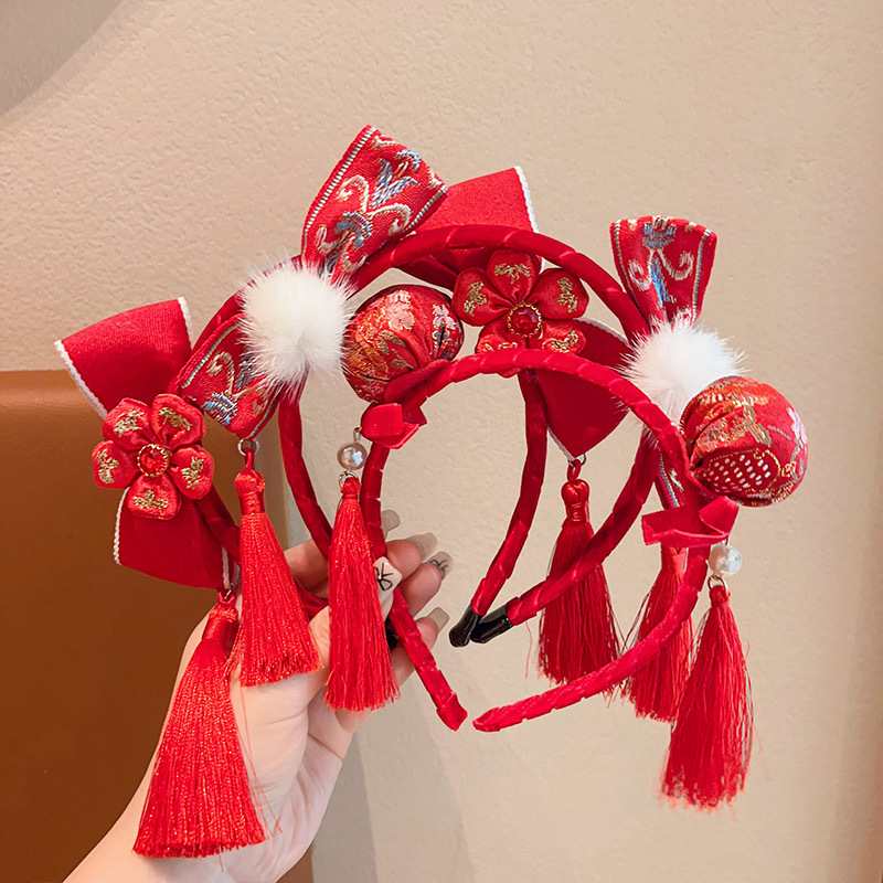 New Year's ancient-style tassels, Chinese-style red headwear, first birthday hair band, Tang suits, Hanfu accessories, baby bows, festive full figure