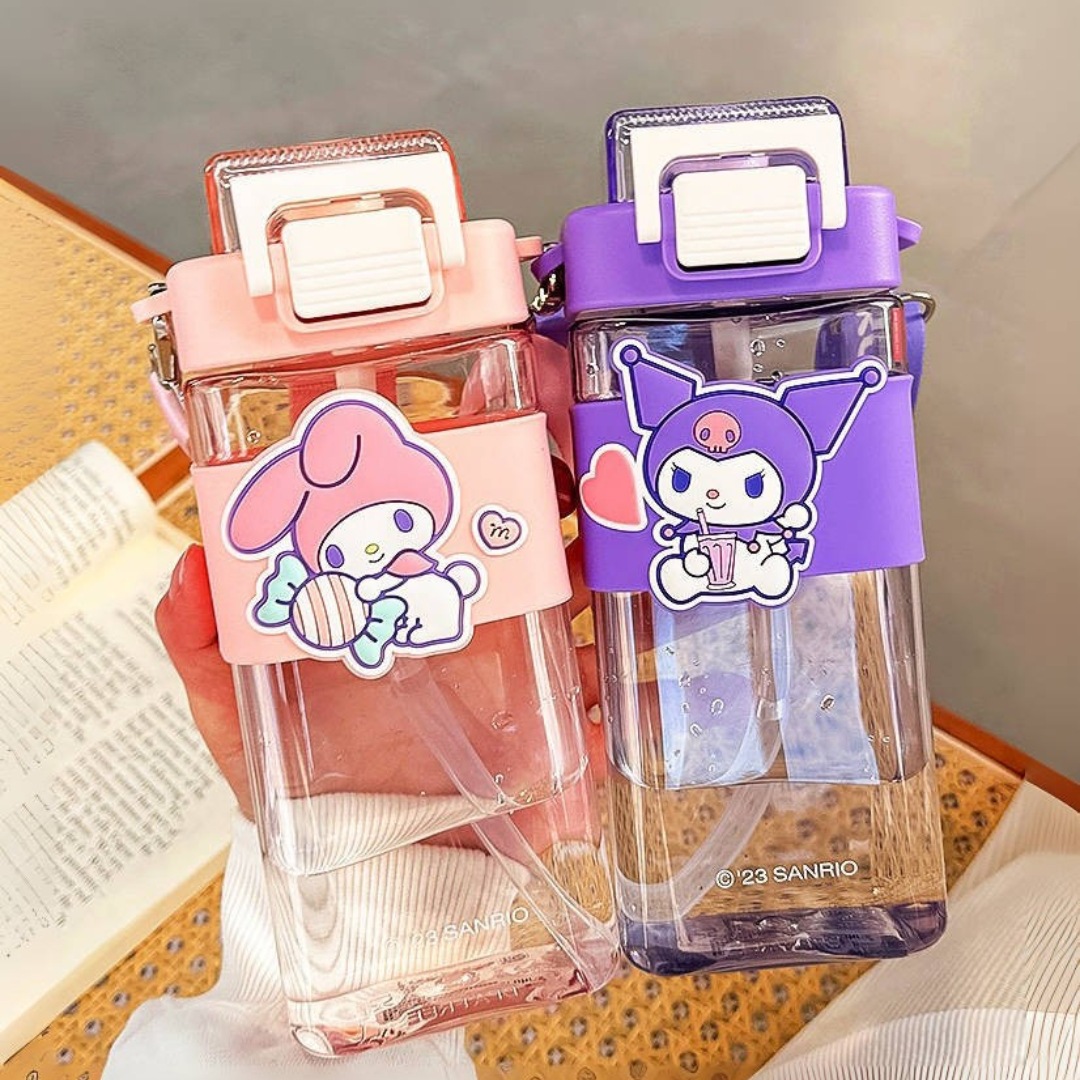 Cute Kuromi water cup, square creative student portable straw cup, children's anti-drop, high appearance level Sanrio cup Specification drawing