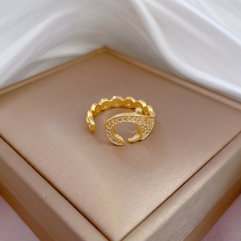 【 Real Gold 】 Personalized micro-set ring for women, adjustable opening ring accessory, the same style of Douyin as the popular online accessory Specification drawing