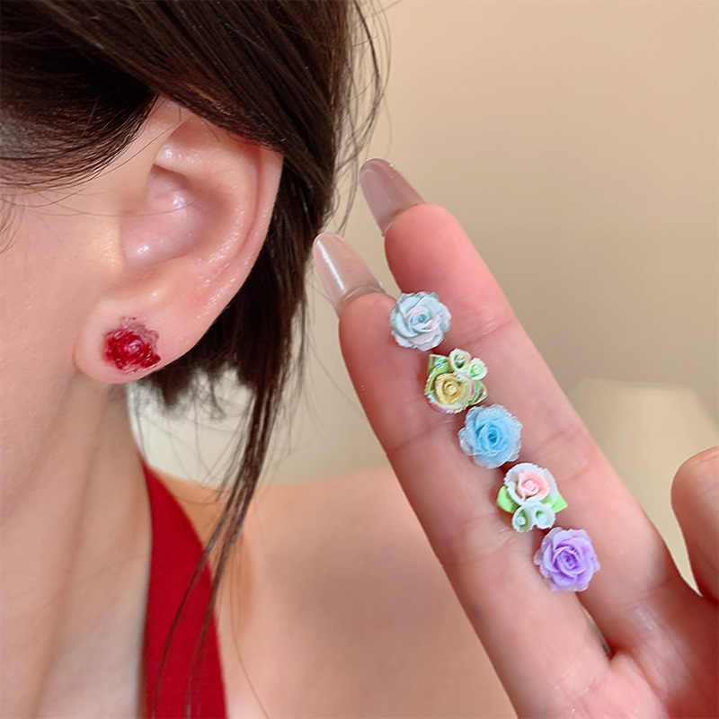 Pink flower butterfly six-piece set earrings, resin stud earrings, sweet, fresh and simple design of women's earrings details Picture