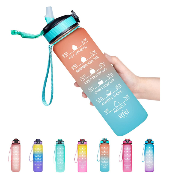 Amazon gradient color plastic cup 1000ml Space cup with pop-up lid, frosted straw cup with time scale in stock Item Picture