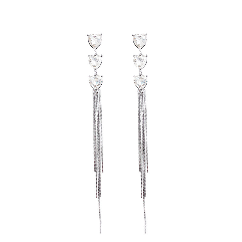 Long heart-shaped sparkling diamond tassel stud earrings for women, light luxury, versatile and high-end style earrings, elegant and slimming face, internet-famous earrings Item Picture