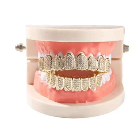 Cross-border new hip-hop eight-tooth real gold braces, copper zircon micro-inlaid real gold Halloween exaggerated hiphopgrillz full figure