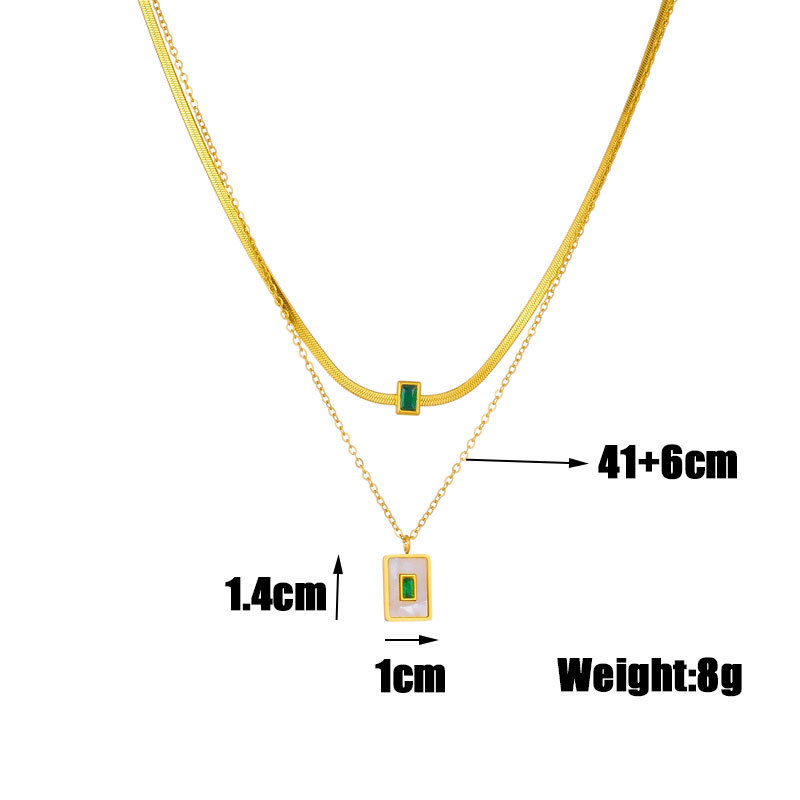 European and American fashion niche design double-layer chain, green rhinestone inlaid square pendant accessory necklace Application Scenario